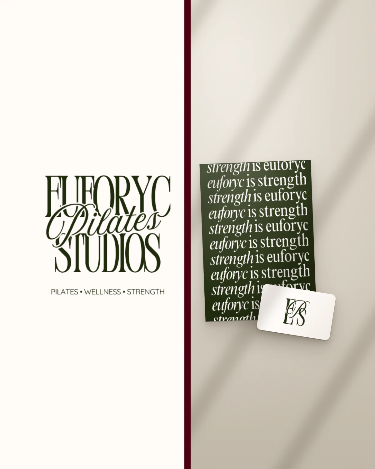 Euforyc Studios' identity: its wordmark lockup and line in forest green on cream, beside its type pattern printed on a green poster and its monogram on a cream card.