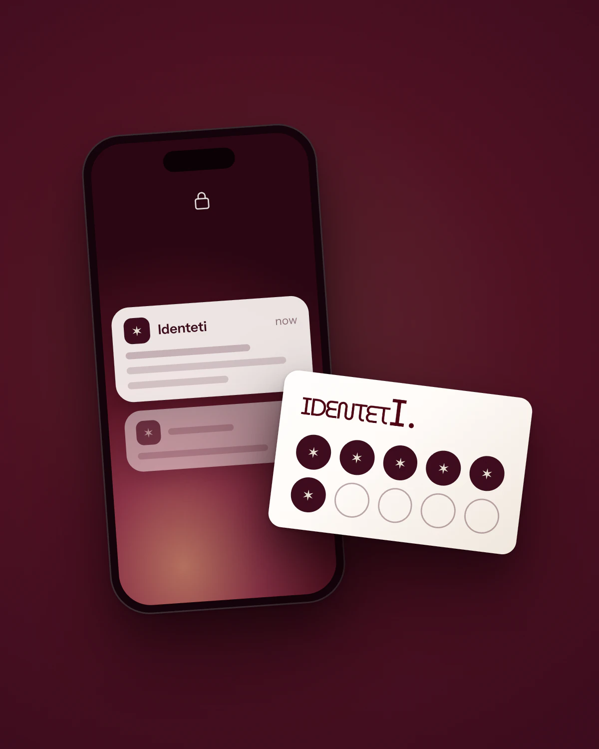 An illustration of an email from Identeti arriving on a phone, with a loyalty card collecting stamps in front of it.