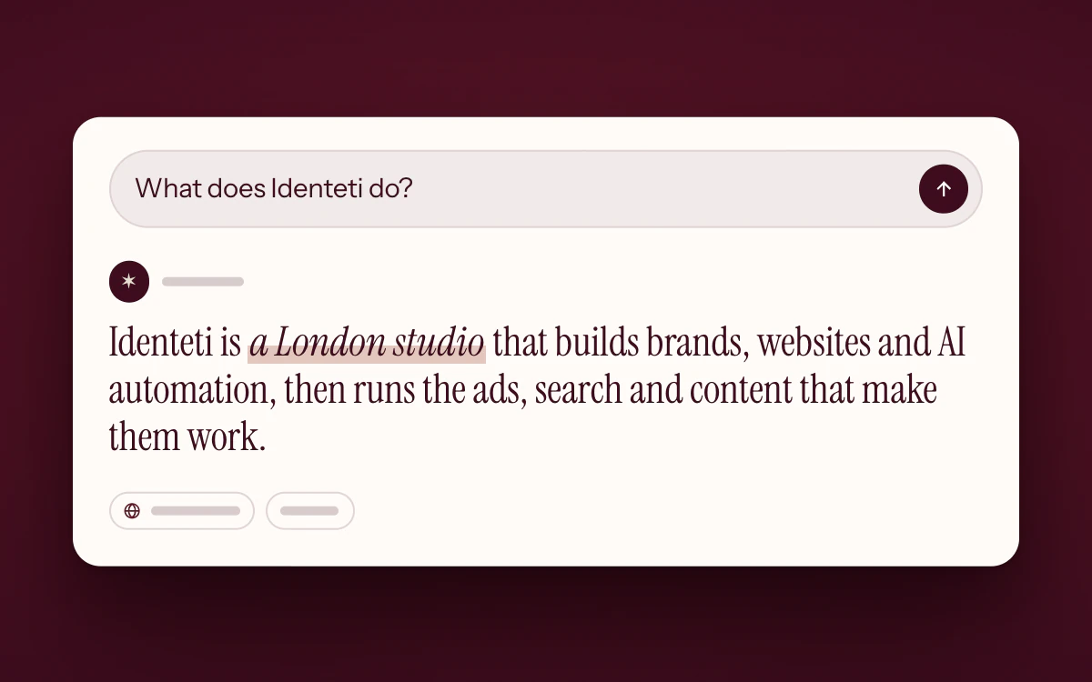 An illustration of an AI assistant answering “What does Identeti do?”, its answer beginning “Identeti is a London studio”.